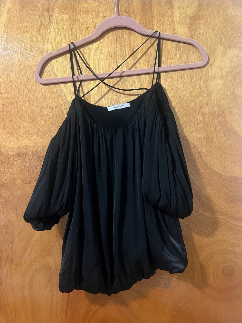 Naked Zebra Black Off-Shoulder Balloon Sleeve Top with Strappy Detail
